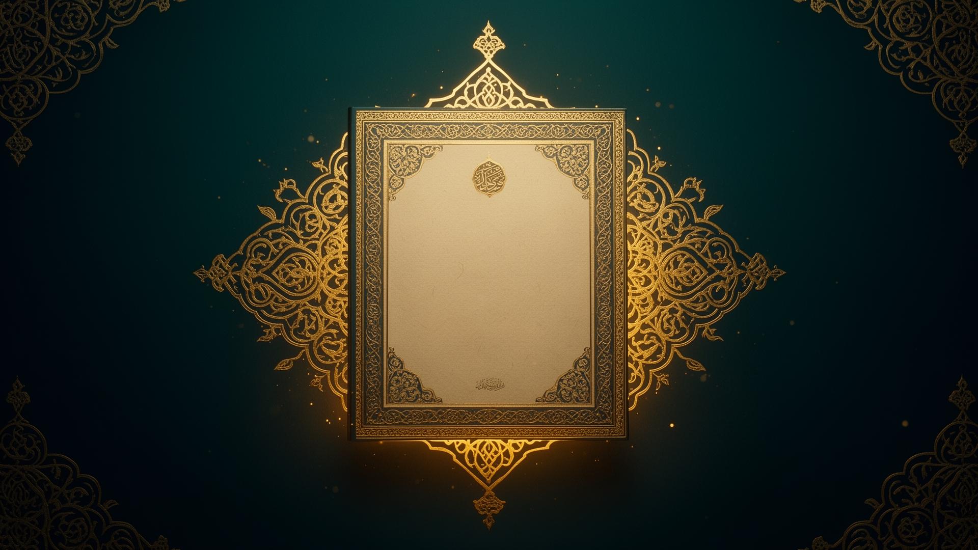 Illuminated manuscript in soft moonlight, framed by Islamic geometric ornamentation